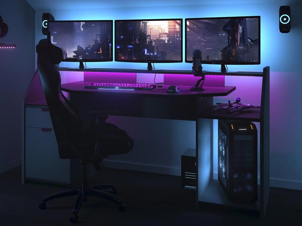 Bureau Gaming Xergonomique avec éclairage LED - Bureau d'angle Gaming avec  support